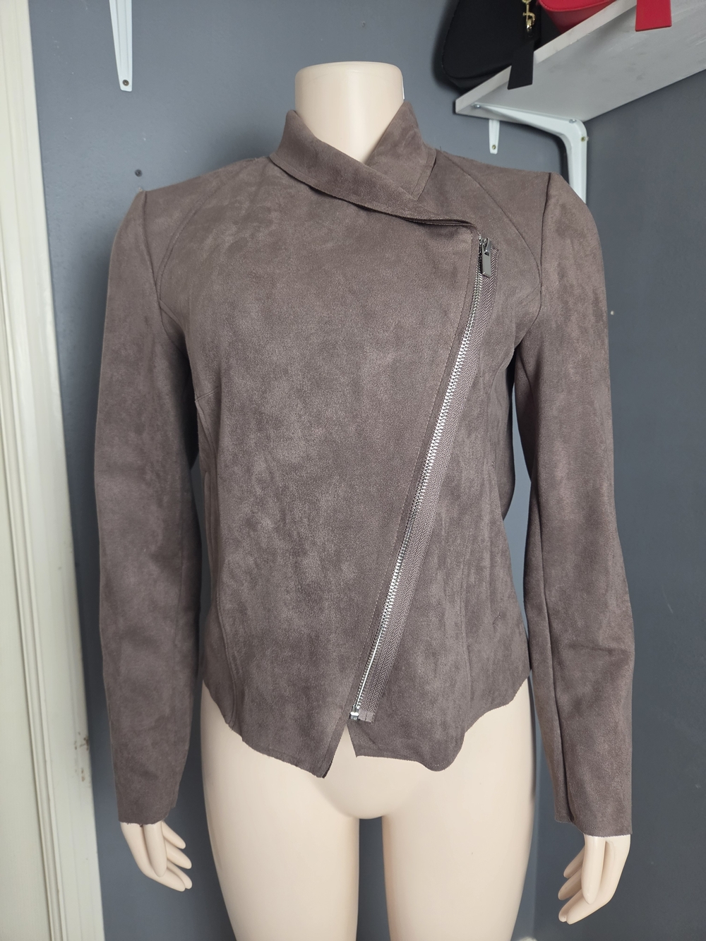 Tahari Taupe Suede Asymmetric Zip Moto Jacket